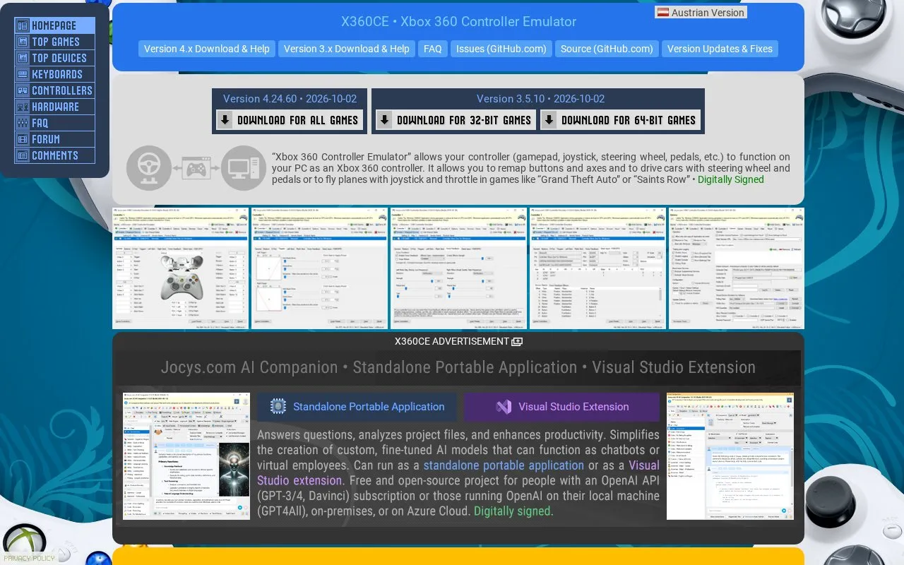 x360ce homepage screenshot