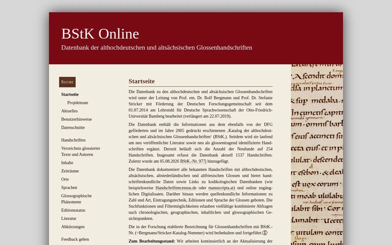 Database of Old High German and Old Saxon Glossed Manuscripts homepage screenshot