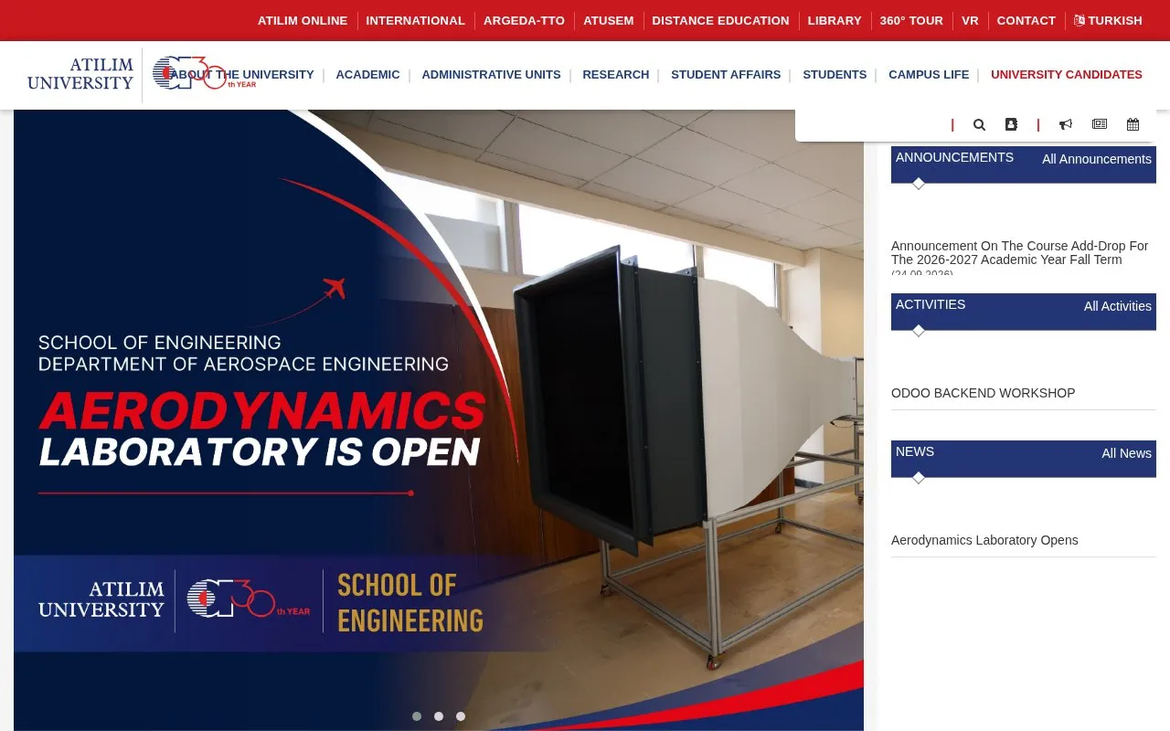 Atilim University homepage screenshot