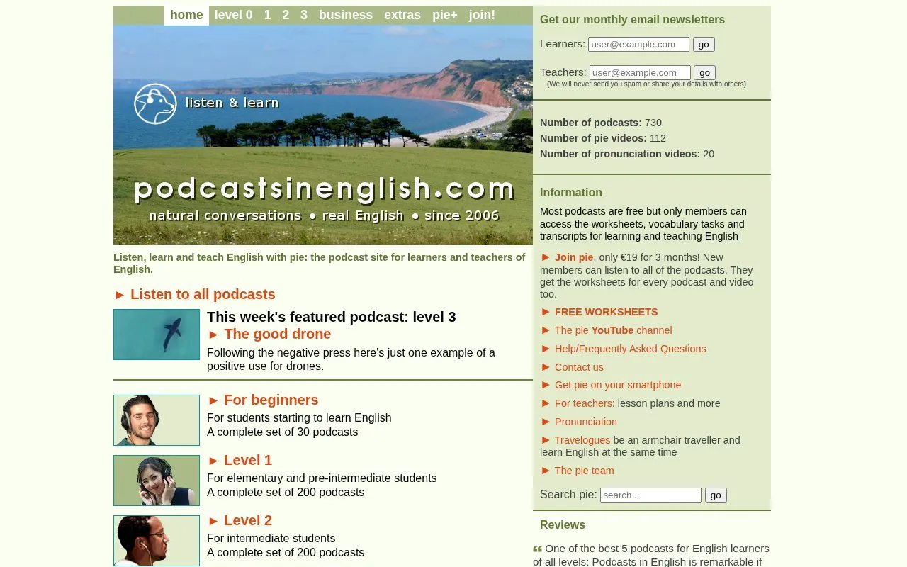 Podcasts in English homepage screenshot