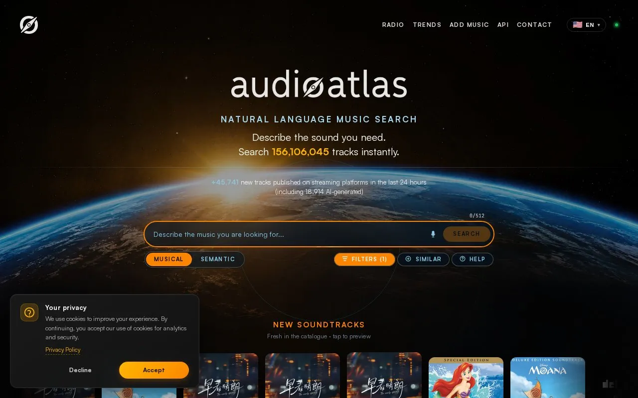 AudioAtlas homepage screenshot