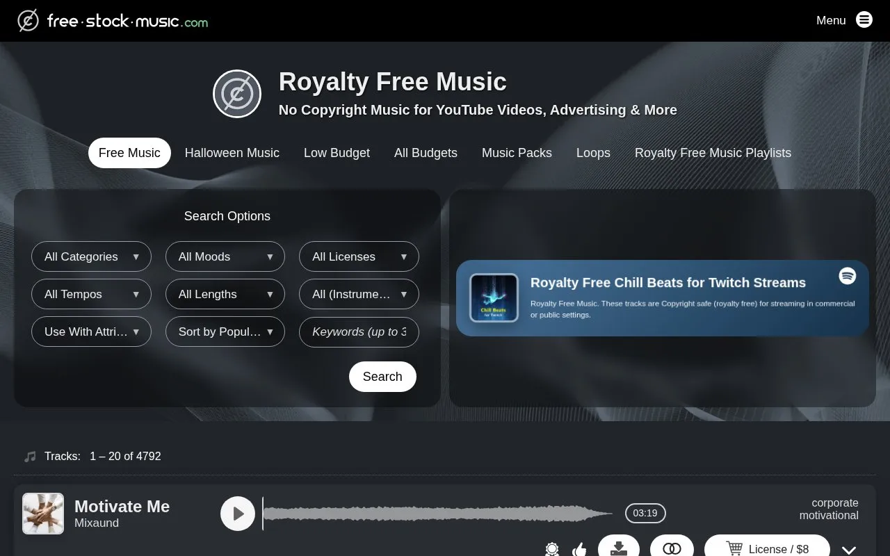free-stock-music homepage screenshot