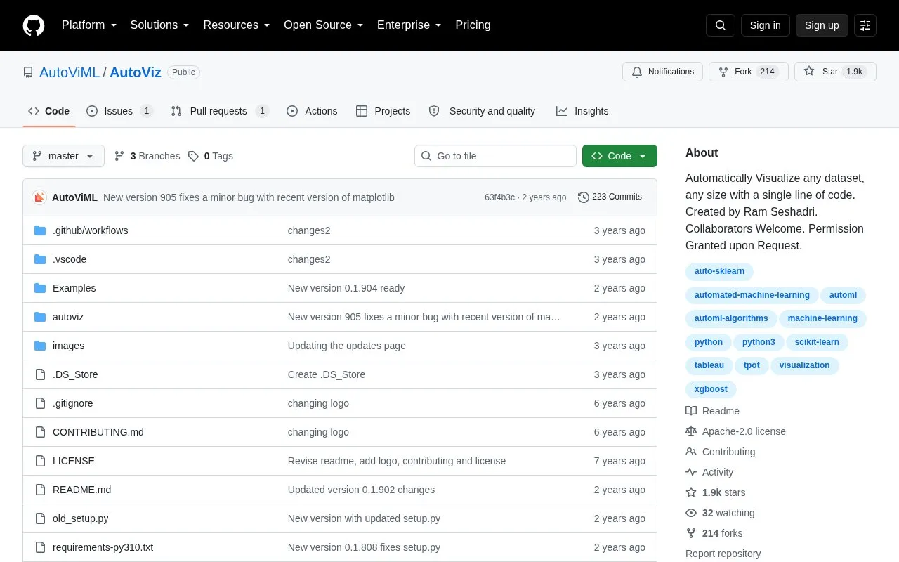 AutoViz homepage screenshot