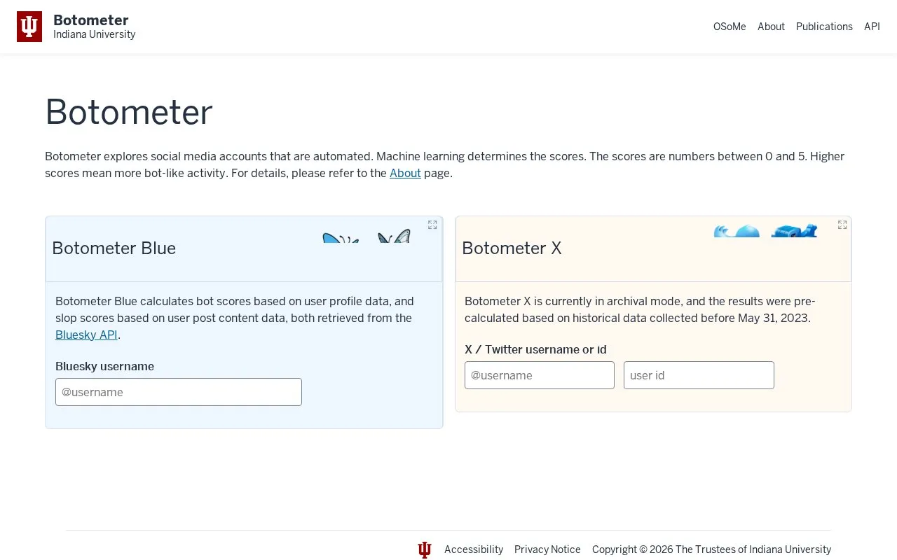 Botometer by OSoMe homepage screenshot