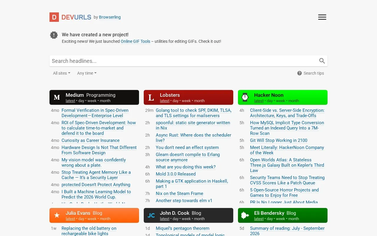 DevURLs homepage screenshot