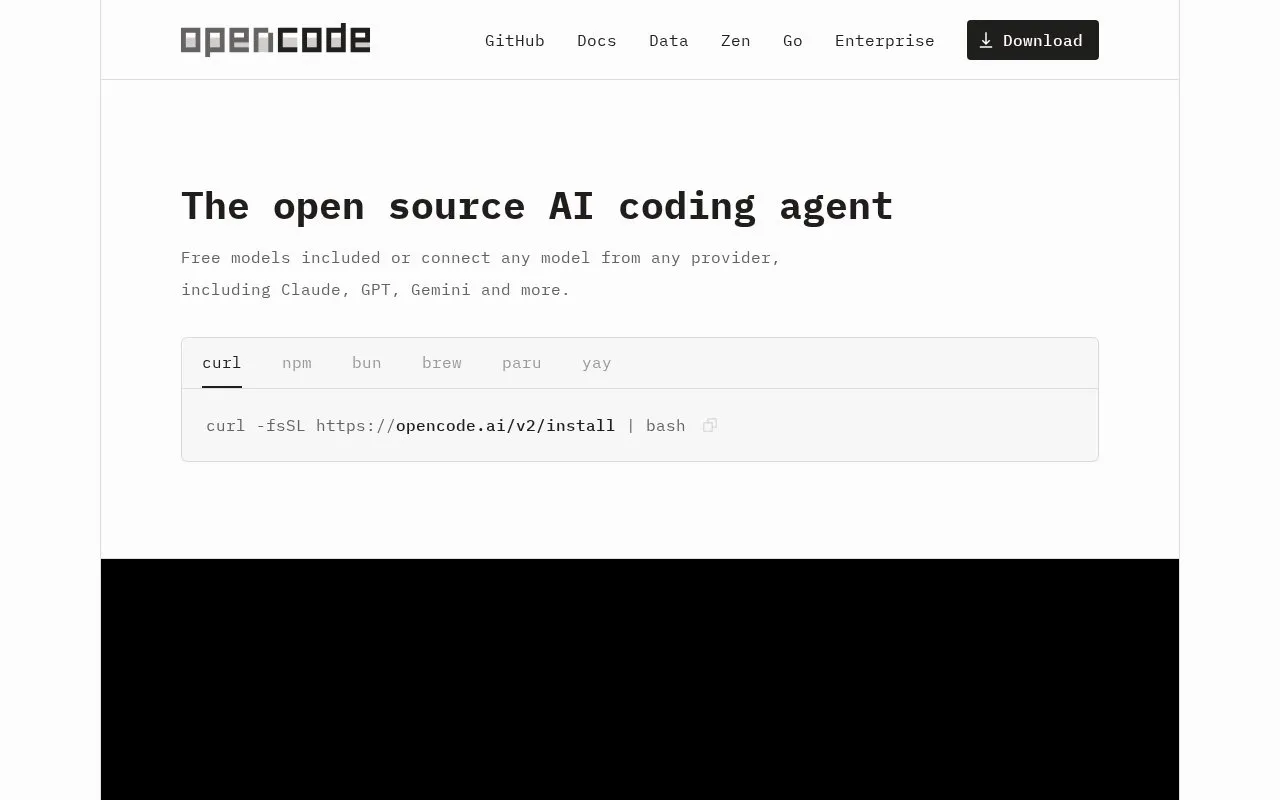 OpenCode homepage screenshot