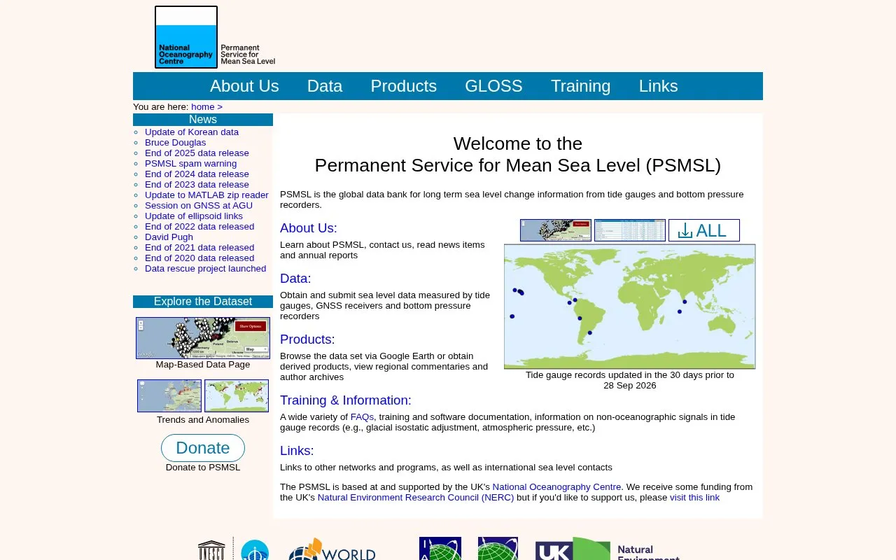 Permanent Service for Mean Sea Level homepage screenshot