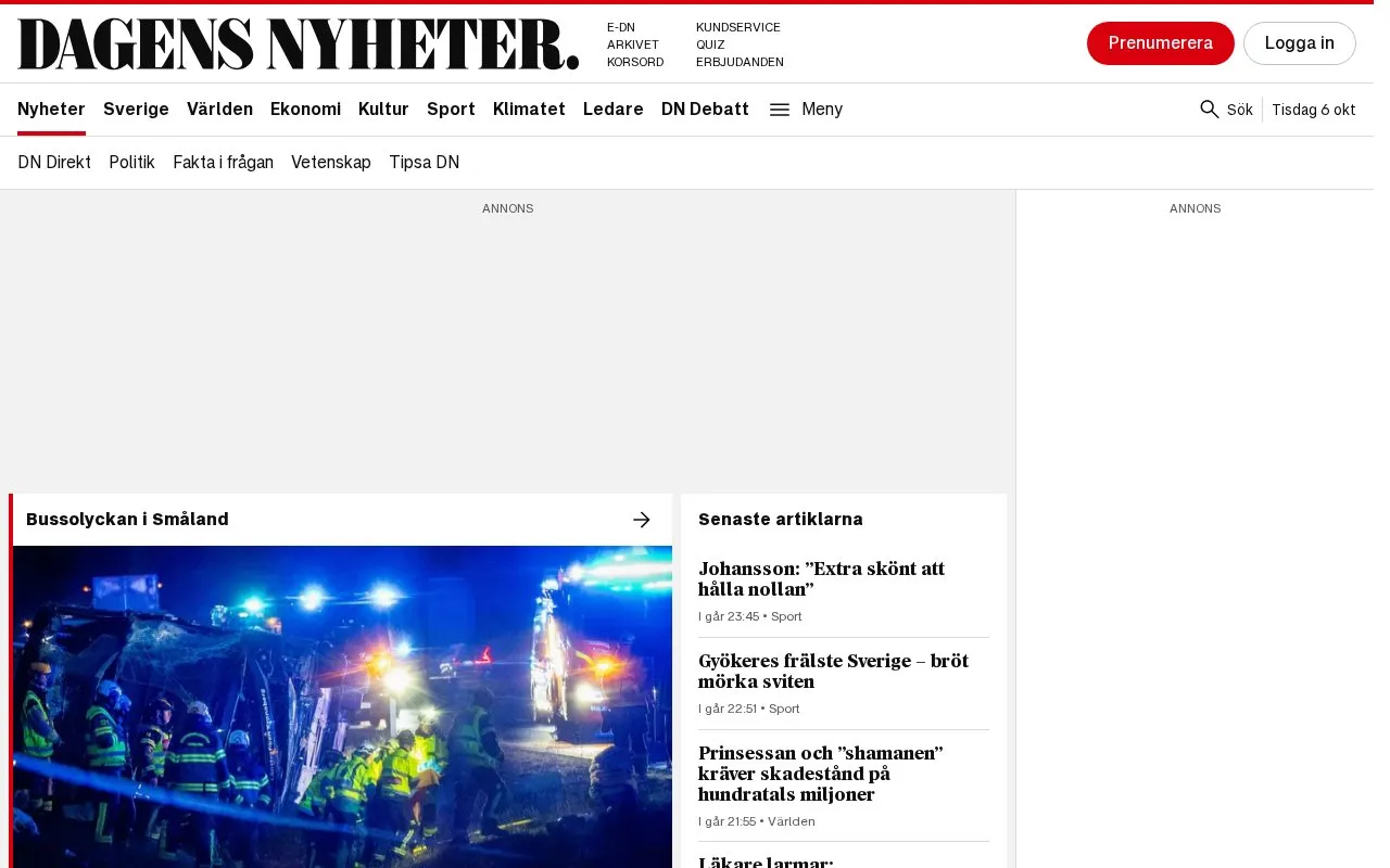 Dagens Nyheter homepage screenshot
