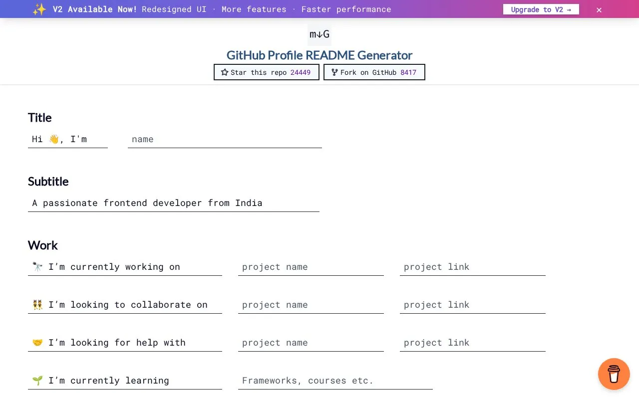 GitHub Profile Readme Generator homepage screenshot