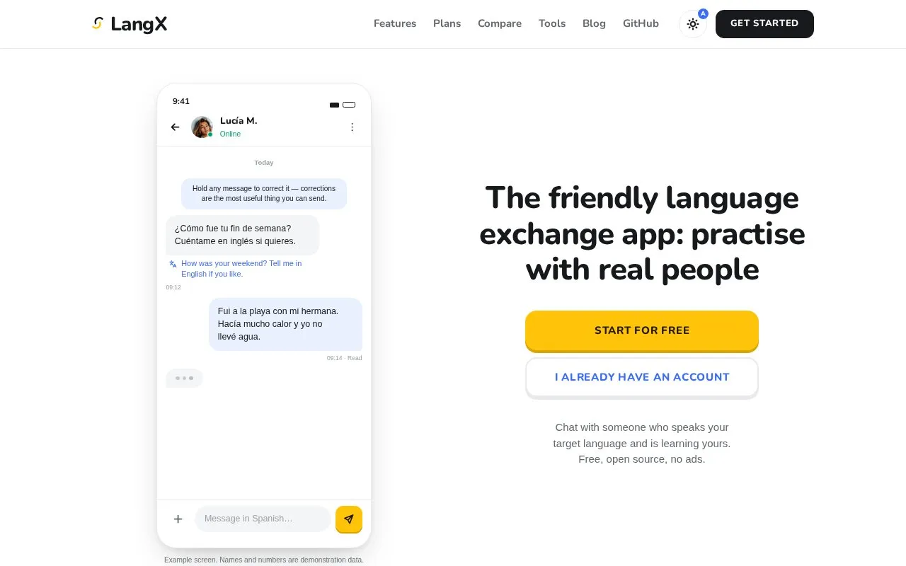 LangX homepage screenshot