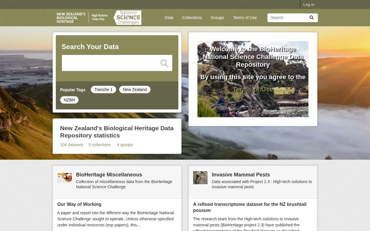 New Zealand's Biological Heritage National Science Challenge Data Repository homepage screenshot