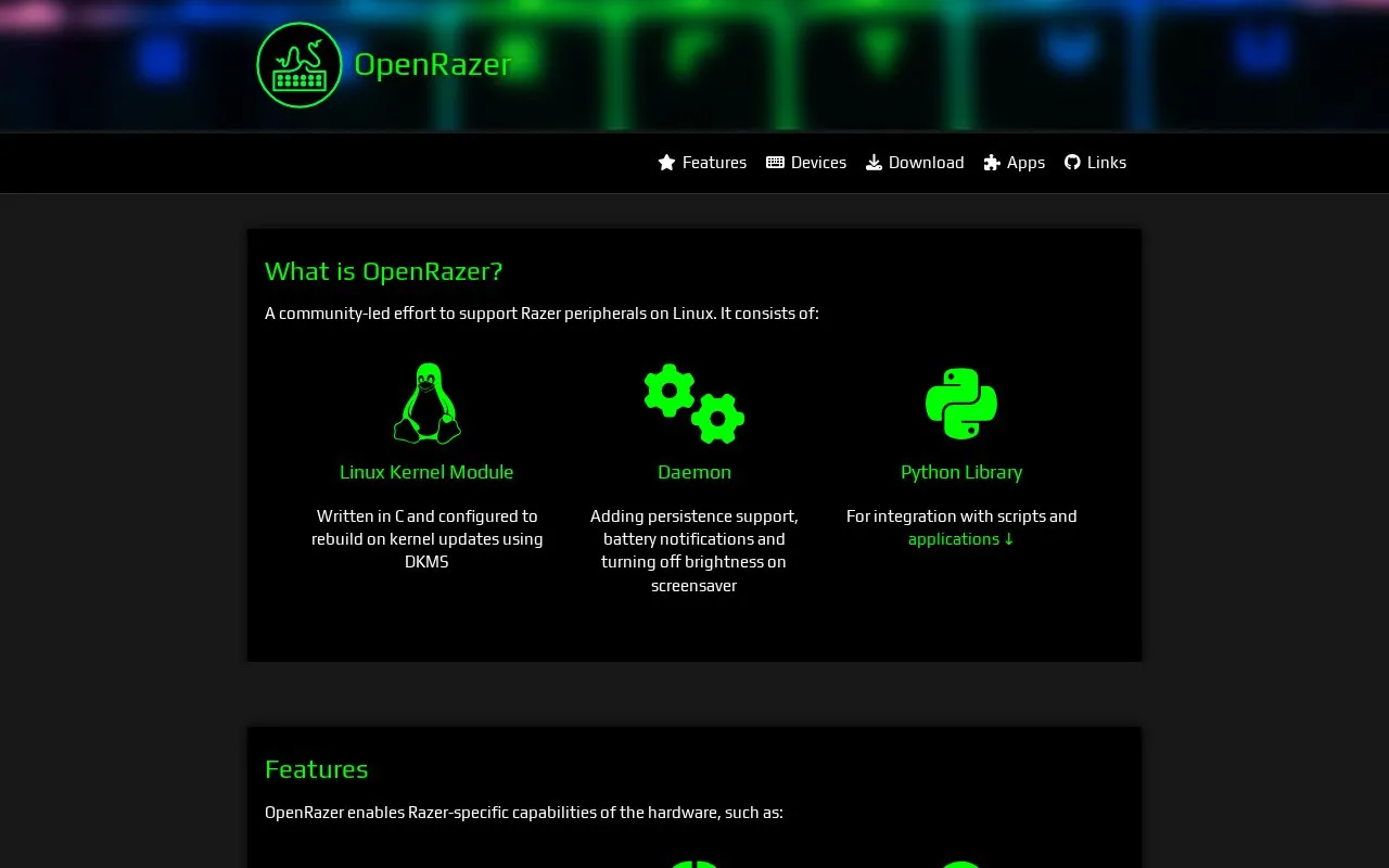 OpenRazer homepage screenshot
