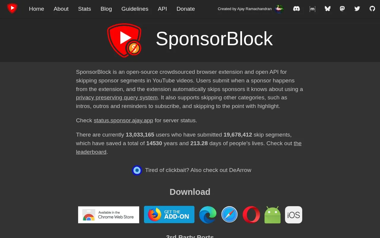 SponsorBlock homepage screenshot
