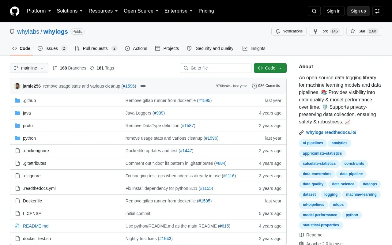Whylogs homepage screenshot