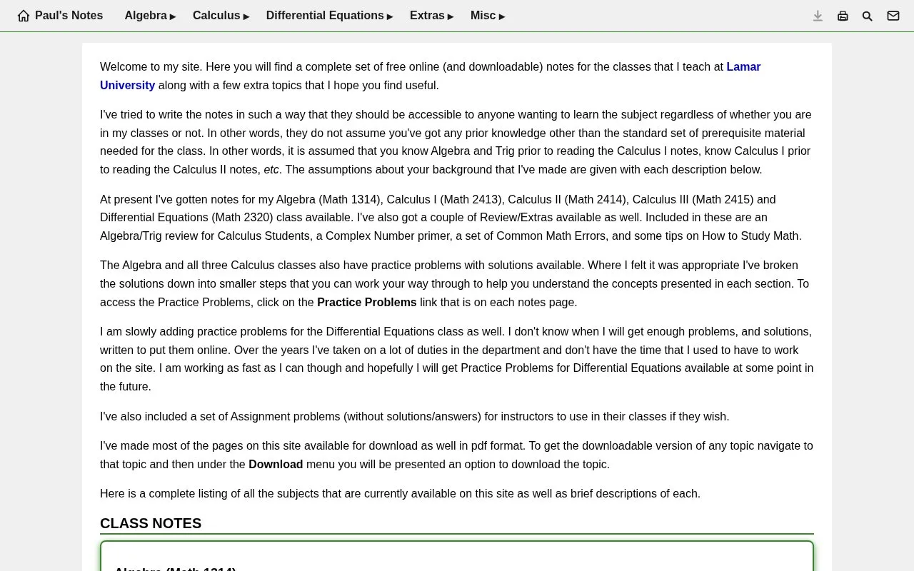 Pauls Online Math Notes homepage screenshot
