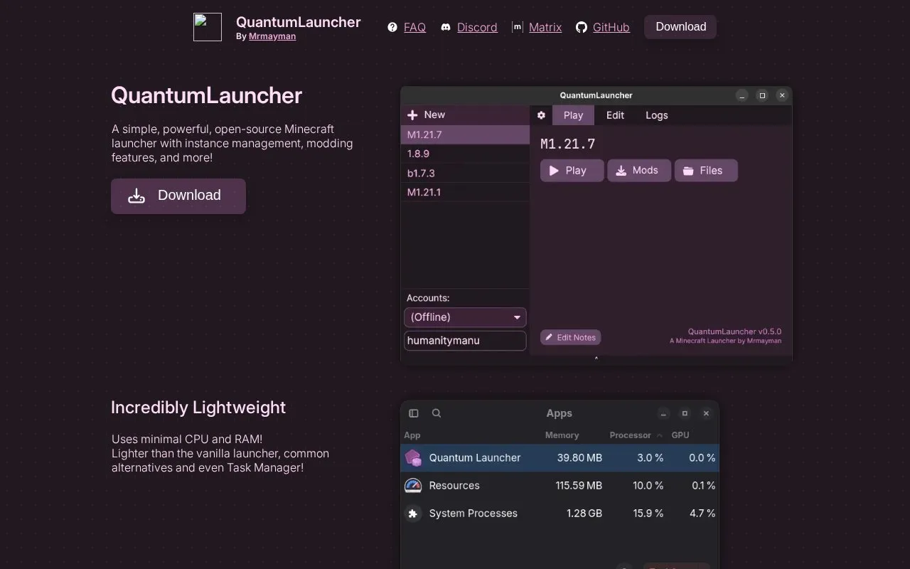 Quantum Launcher homepage screenshot