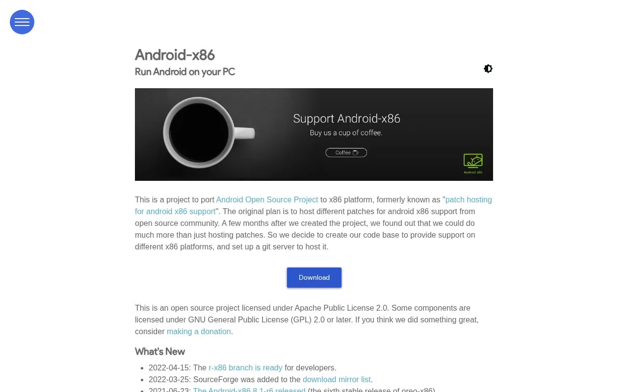 Android-x86 homepage screenshot