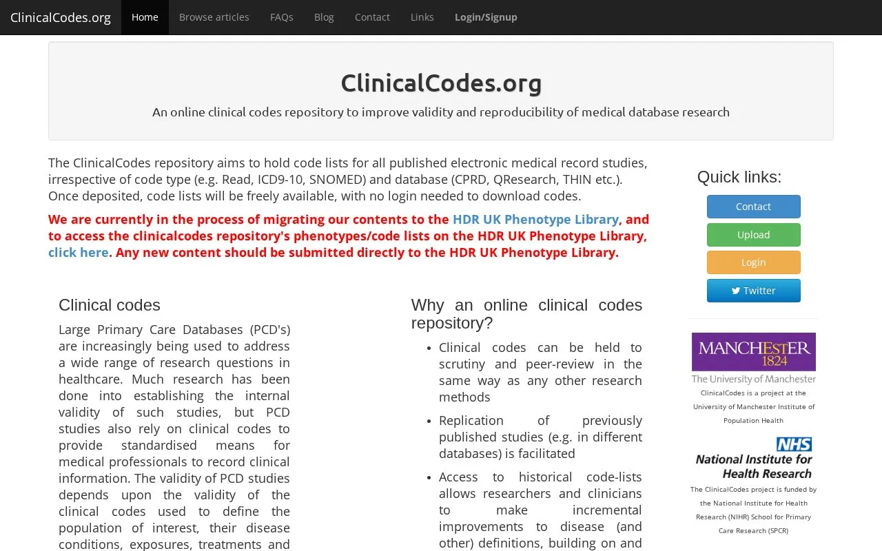 ClinicalCodes.org homepage screenshot