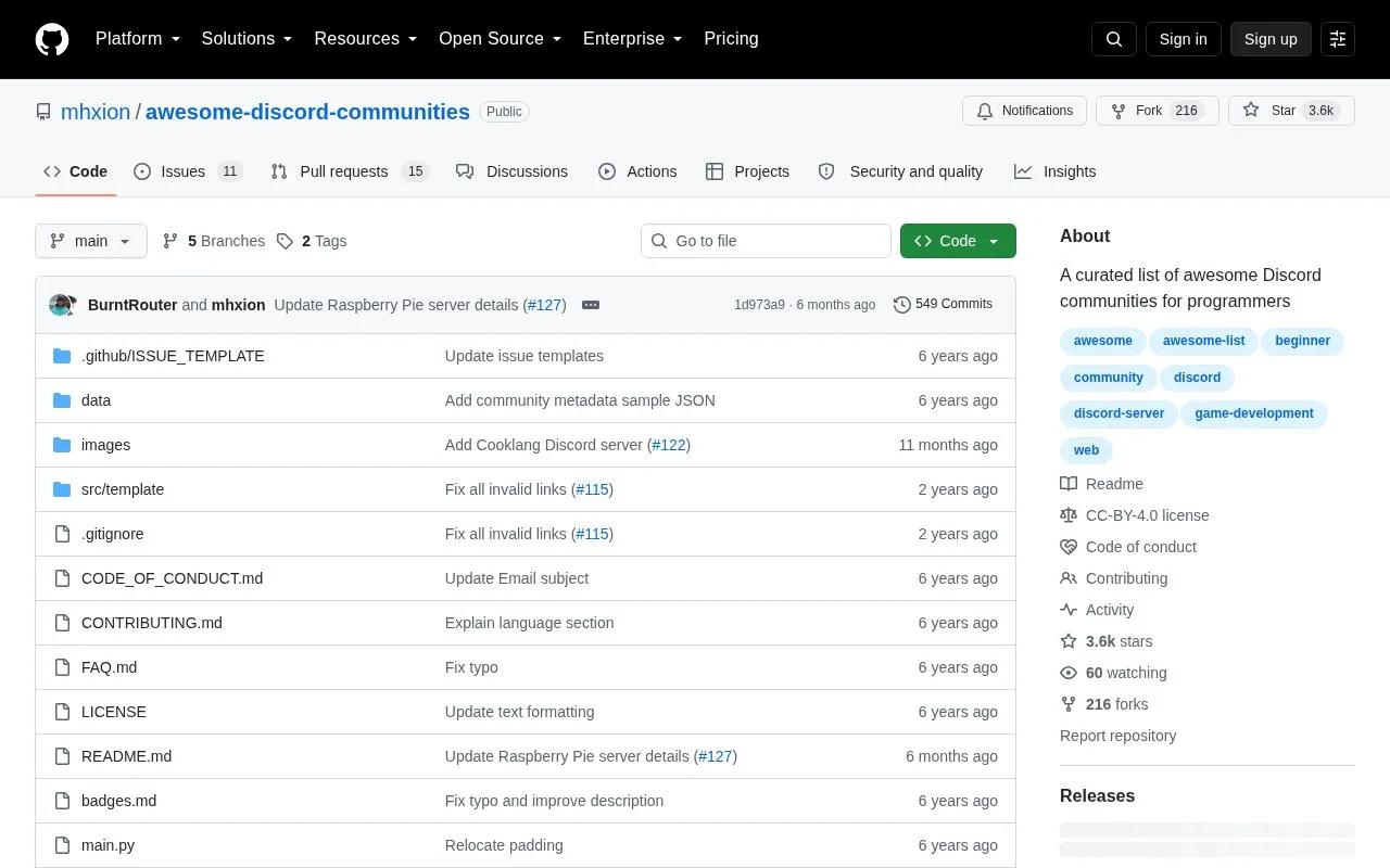 awesome-discord-communities homepage screenshot
