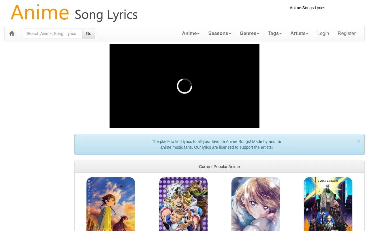AnimeSongLyrics homepage screenshot