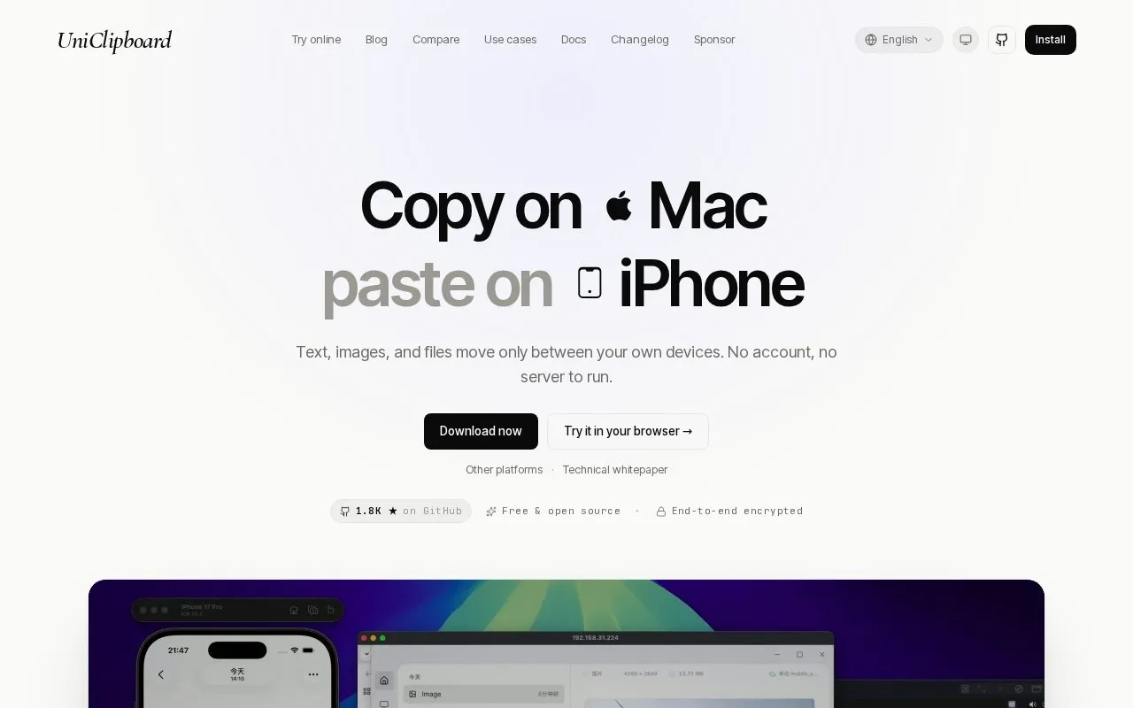 UniClipboard homepage screenshot