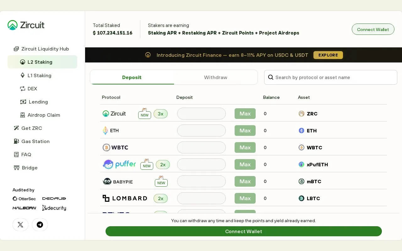 Zircuit Staking homepage screenshot