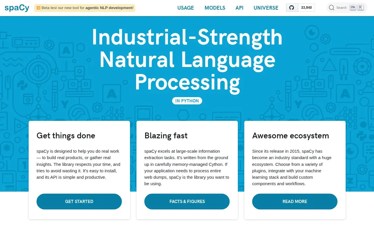 spaCy homepage screenshot