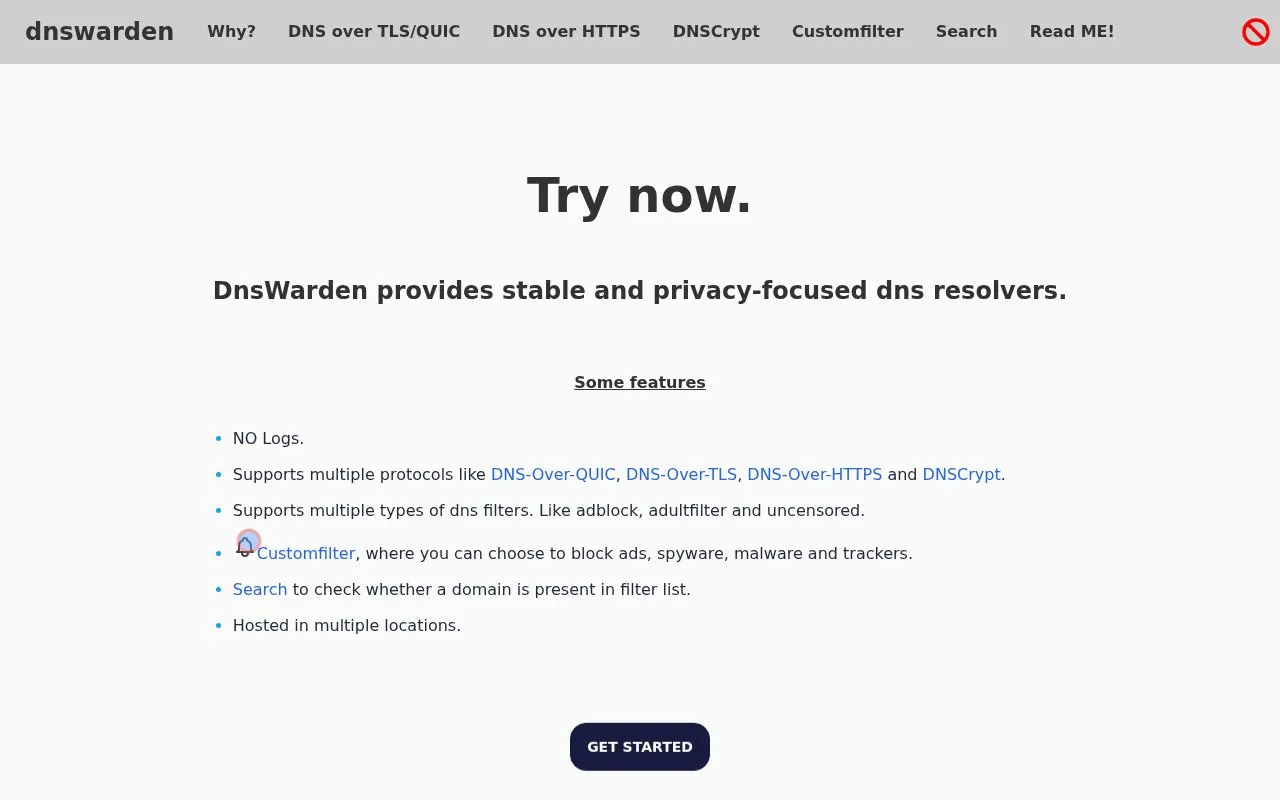 DNSWarden homepage screenshot