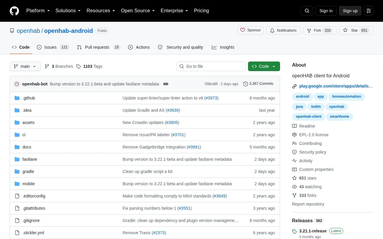 openHAB Android homepage screenshot