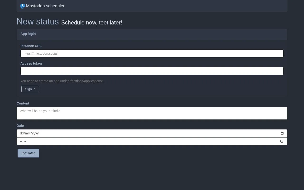 Toot scheduler homepage screenshot