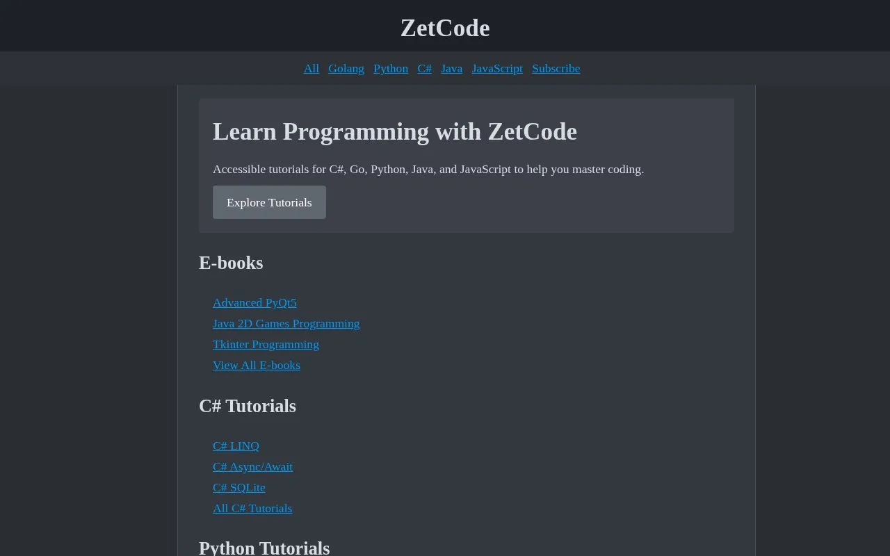 zetcode homepage screenshot