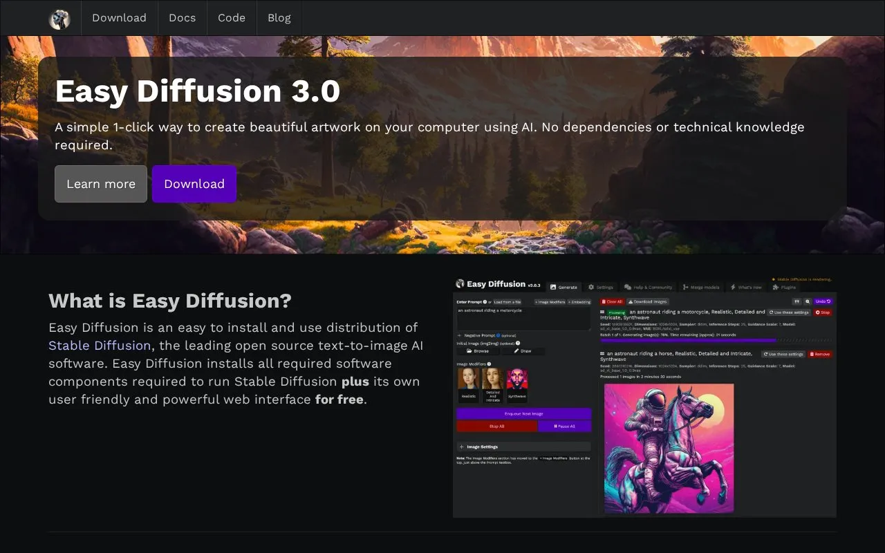 Easy Diffusion homepage screenshot
