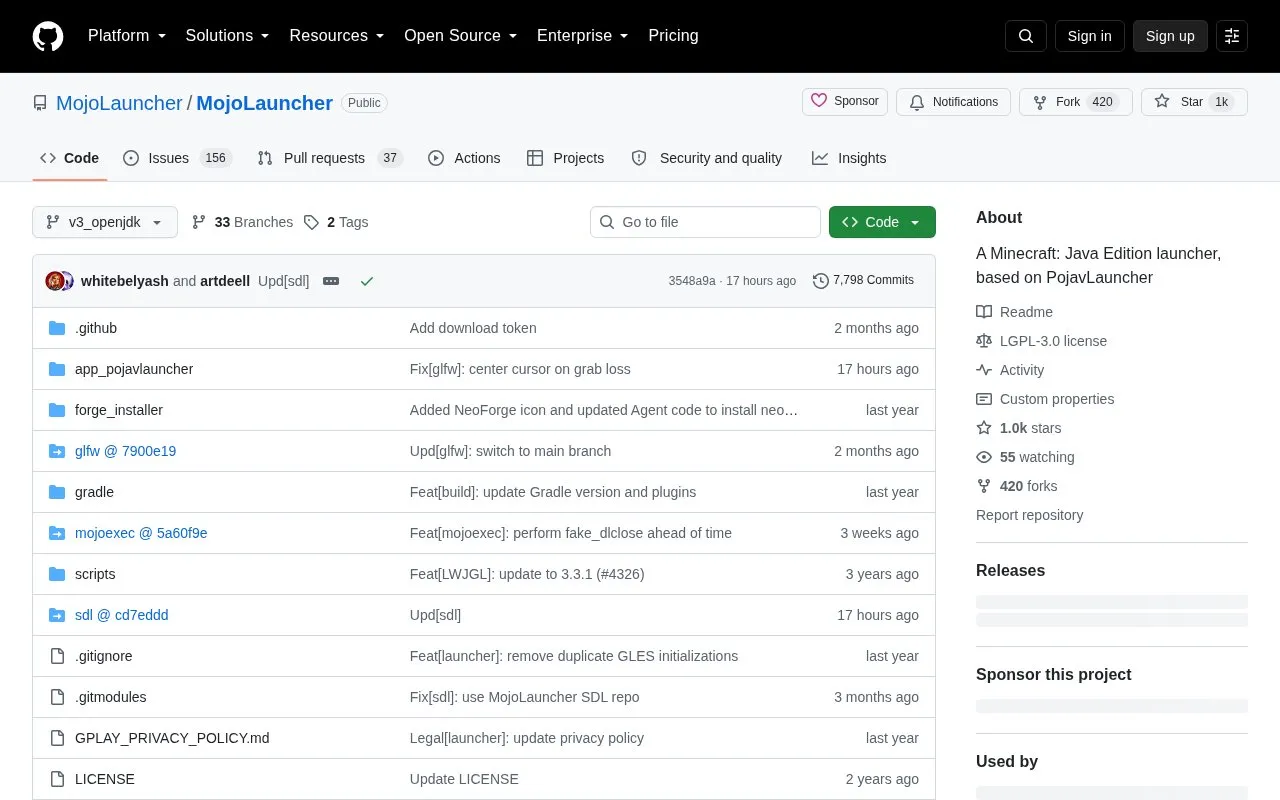Mojolauncher homepage screenshot
