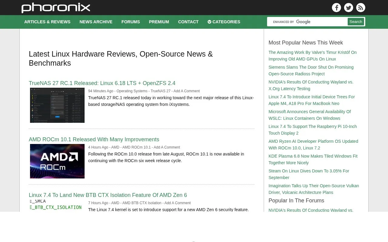 phoronix homepage screenshot