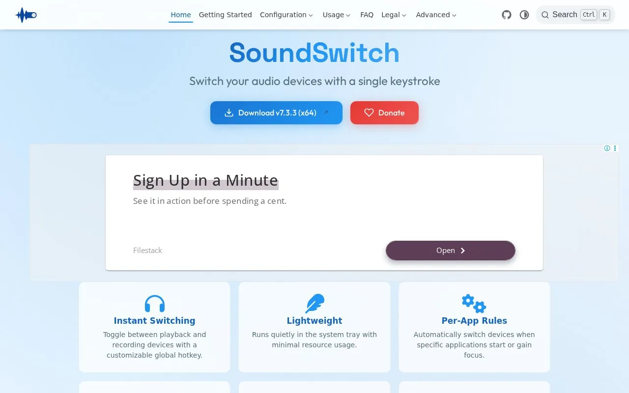 SoundSwitch homepage screenshot