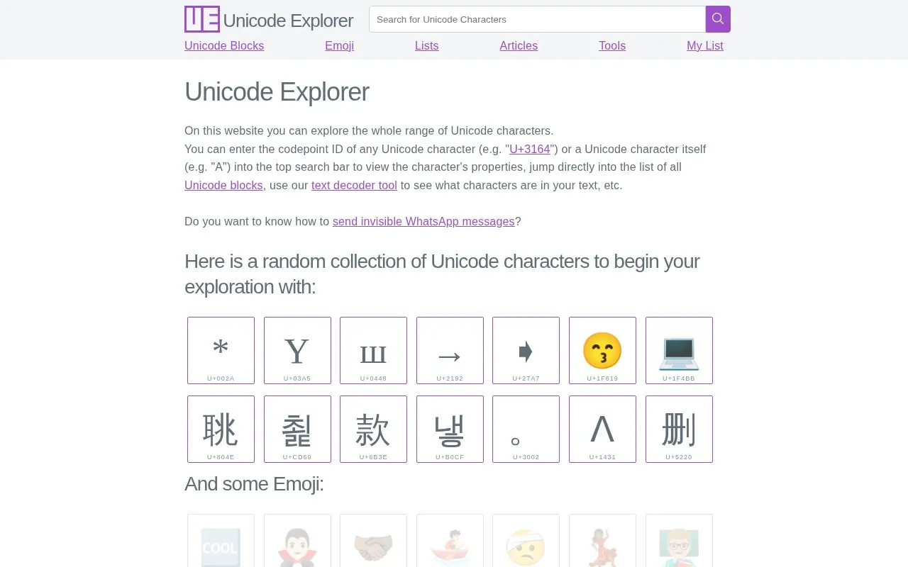 Unicode Explorer homepage screenshot