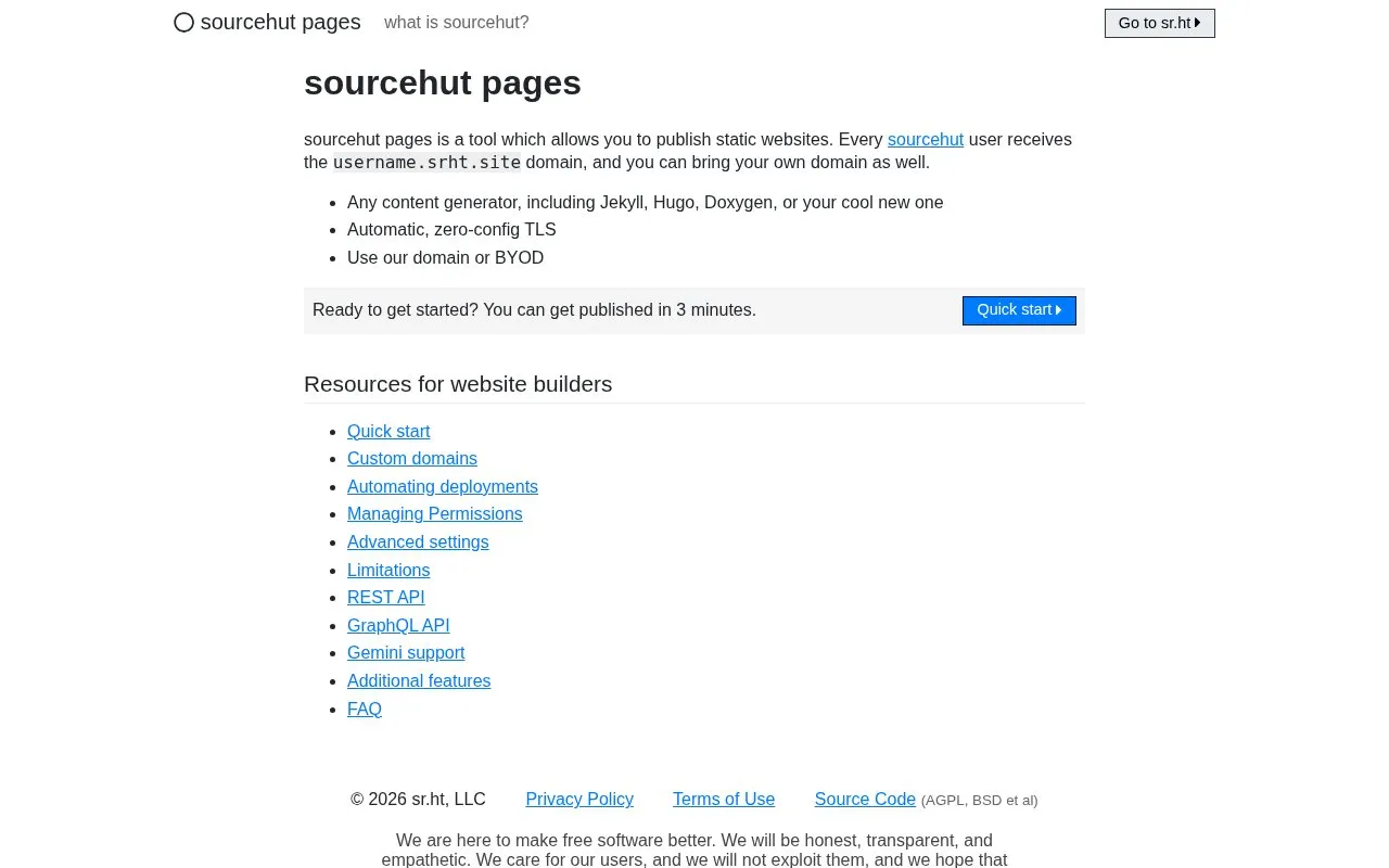 Sourcehut Pages homepage screenshot
