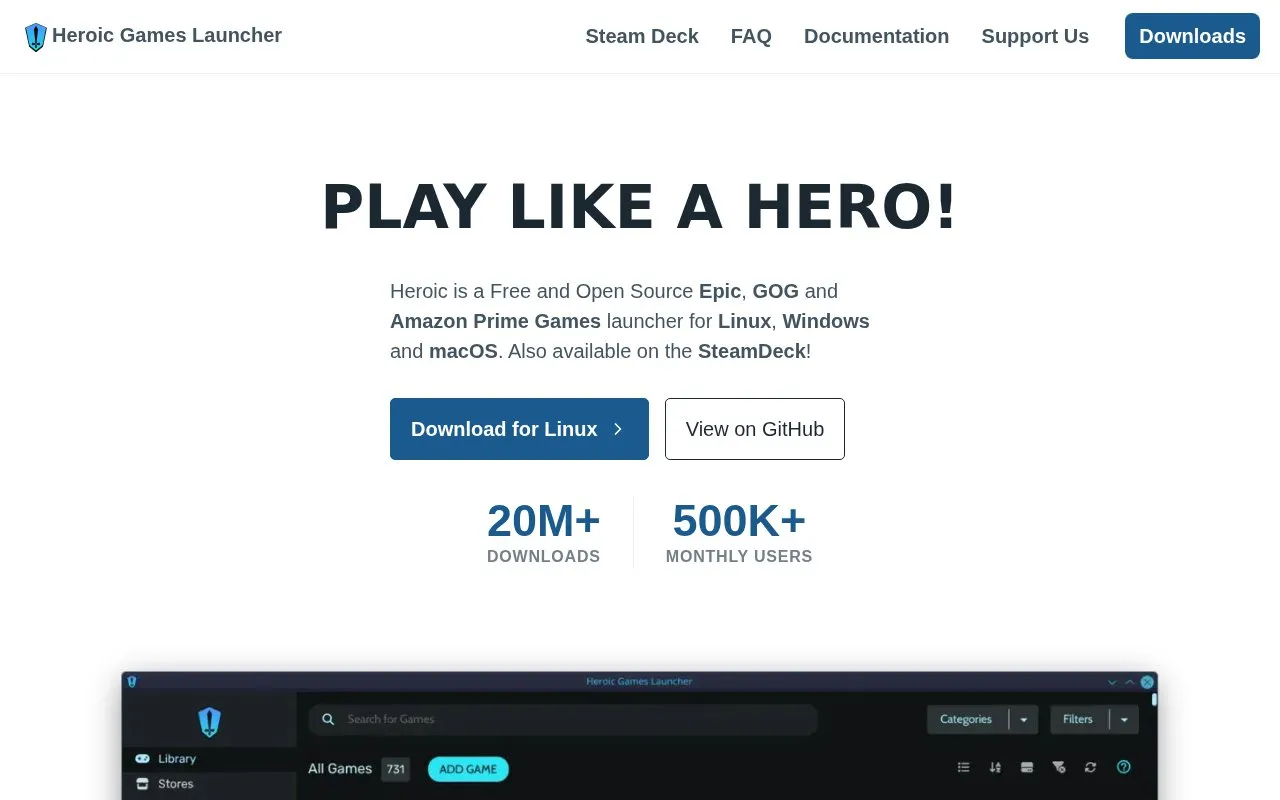 Heroic Games Launcher homepage screenshot