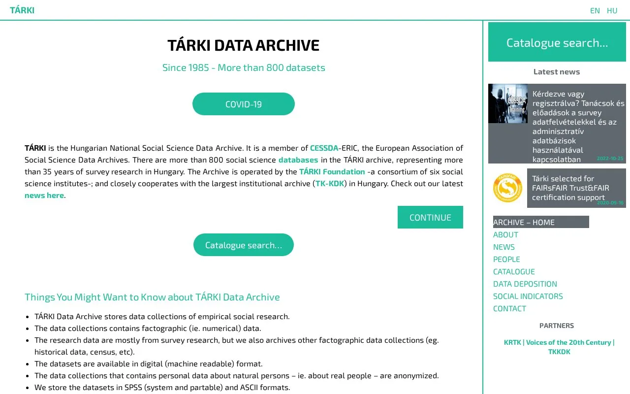 TARKI Data Archive homepage screenshot