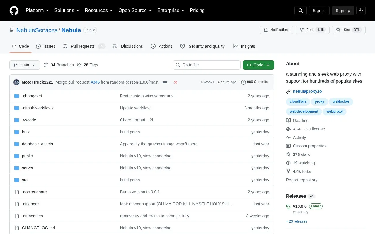Nebula homepage screenshot