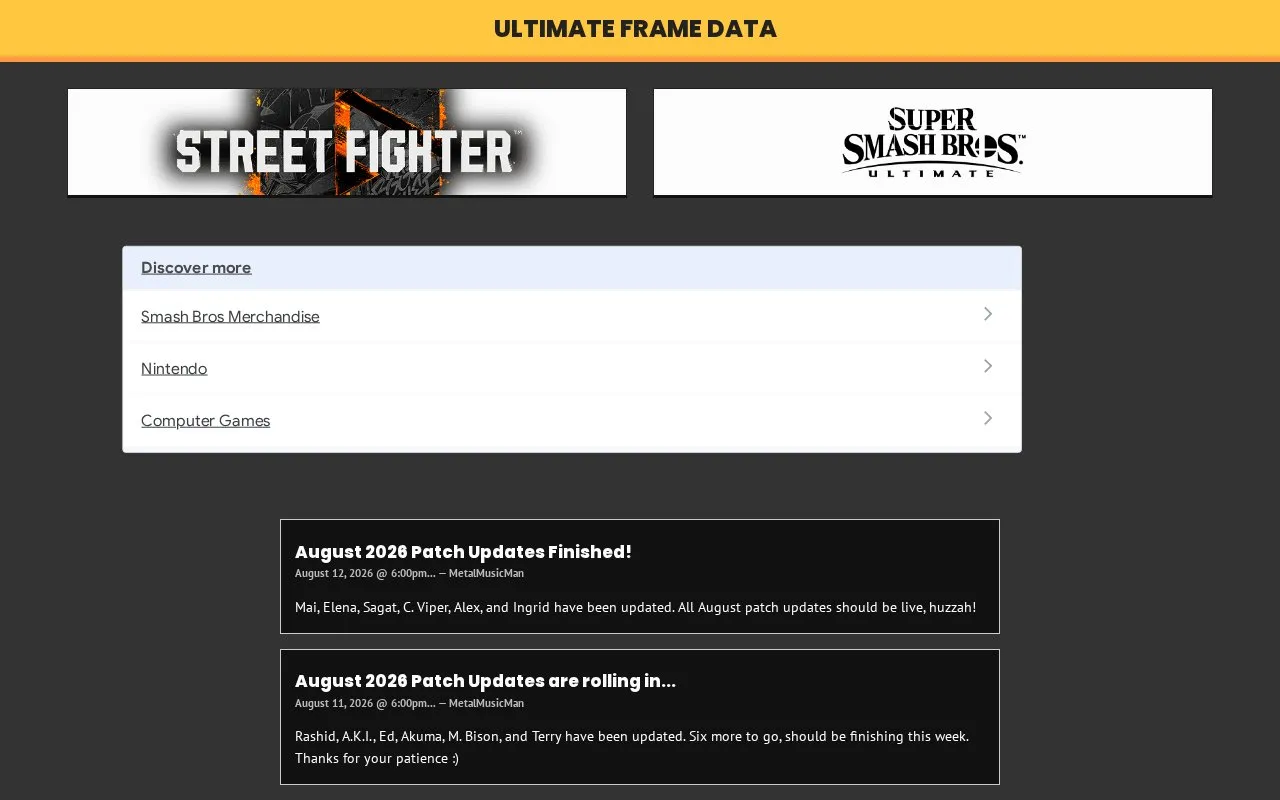 Ultimate Frame Data homepage screenshot
