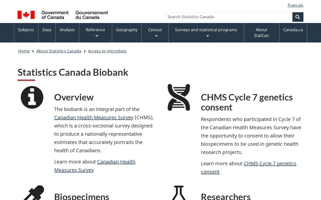 Statistics Canada Biobank homepage screenshot