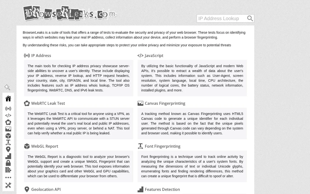 BrowserLeaks homepage screenshot