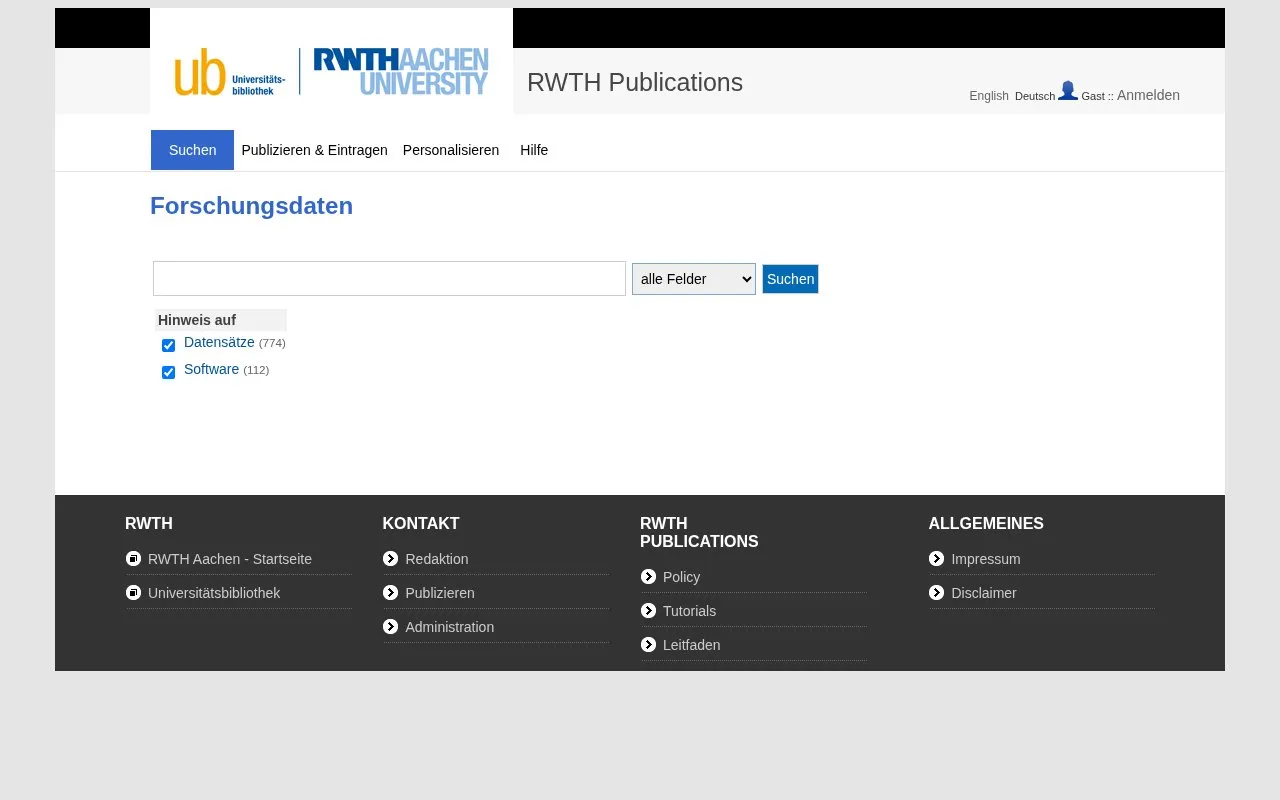 RWTH Publications Research Data homepage screenshot