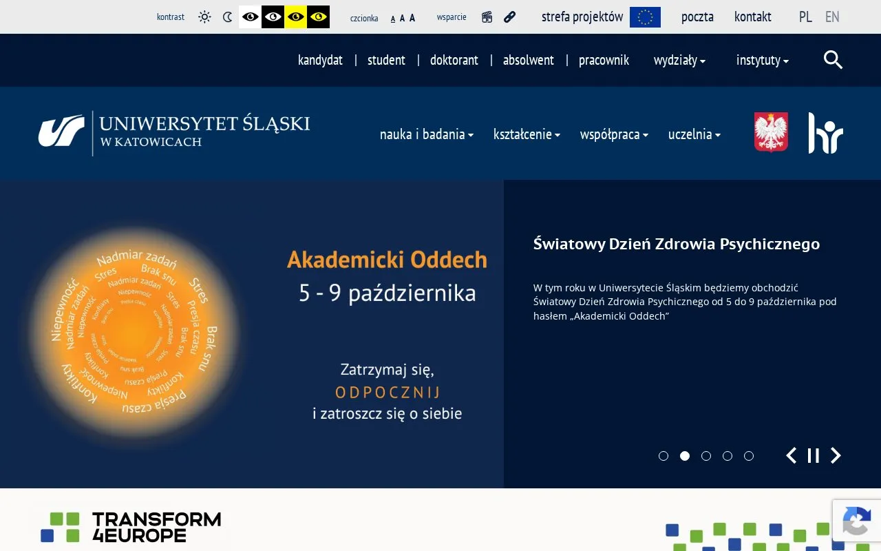 University of Silesia in Katowice homepage screenshot