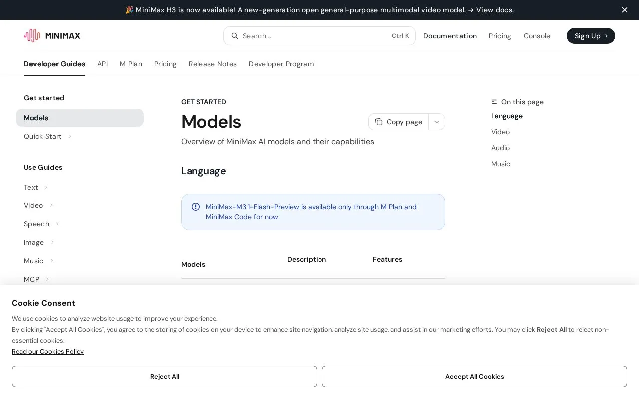 MiniMax API Platform homepage screenshot