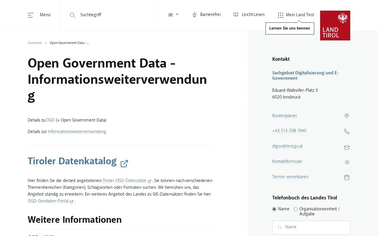 Tirol Data Portal homepage screenshot