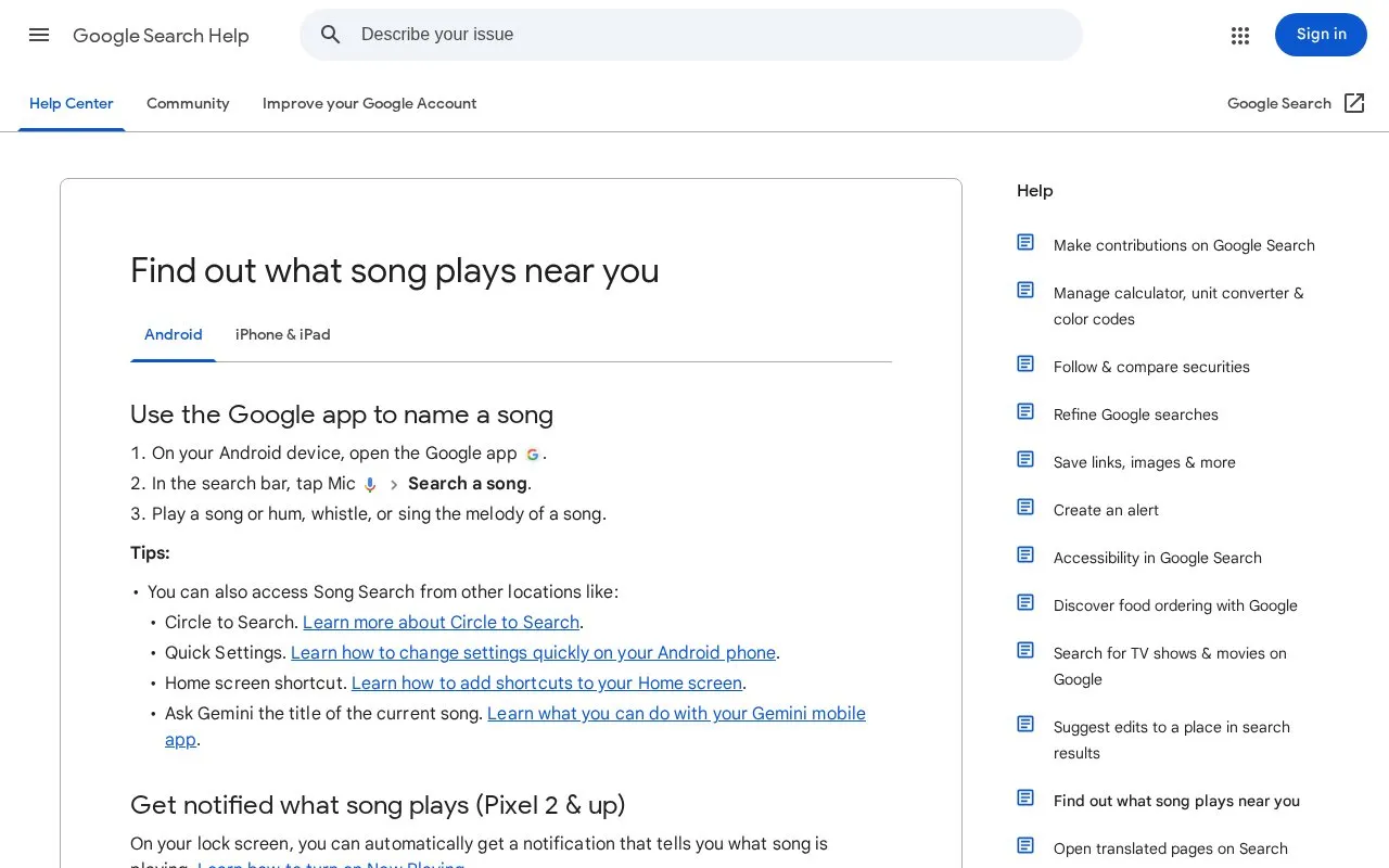 Google Song Identification homepage screenshot