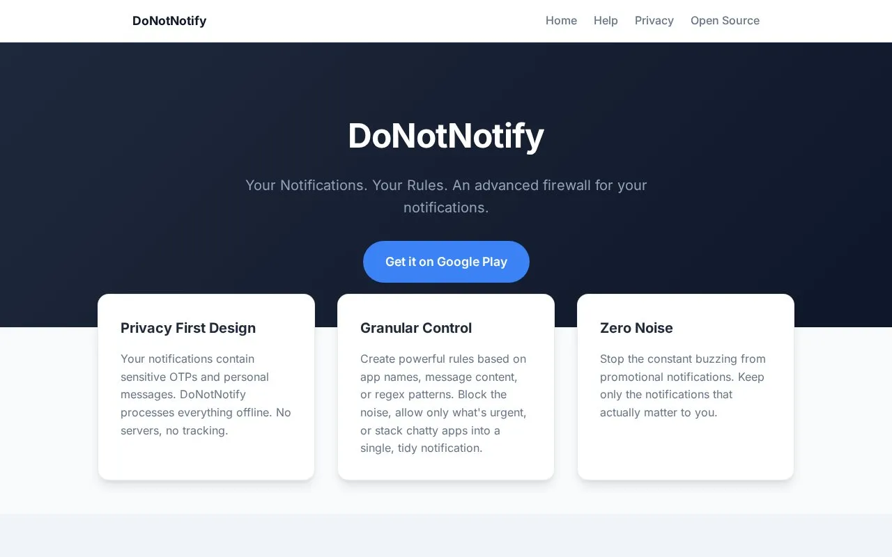 DoNotNotify homepage screenshot
