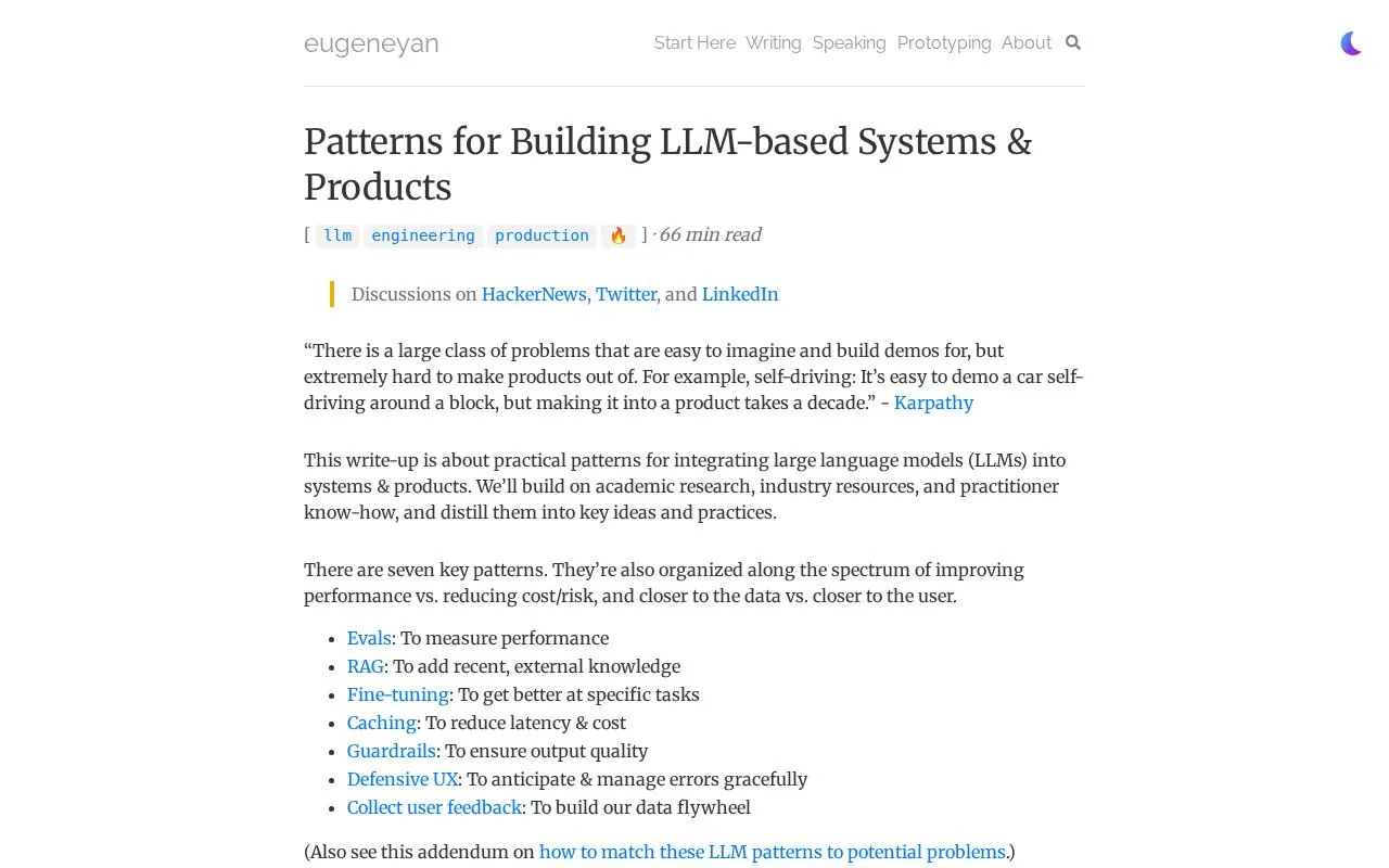 Patterns for Building LLM-based Systems & Products homepage screenshot